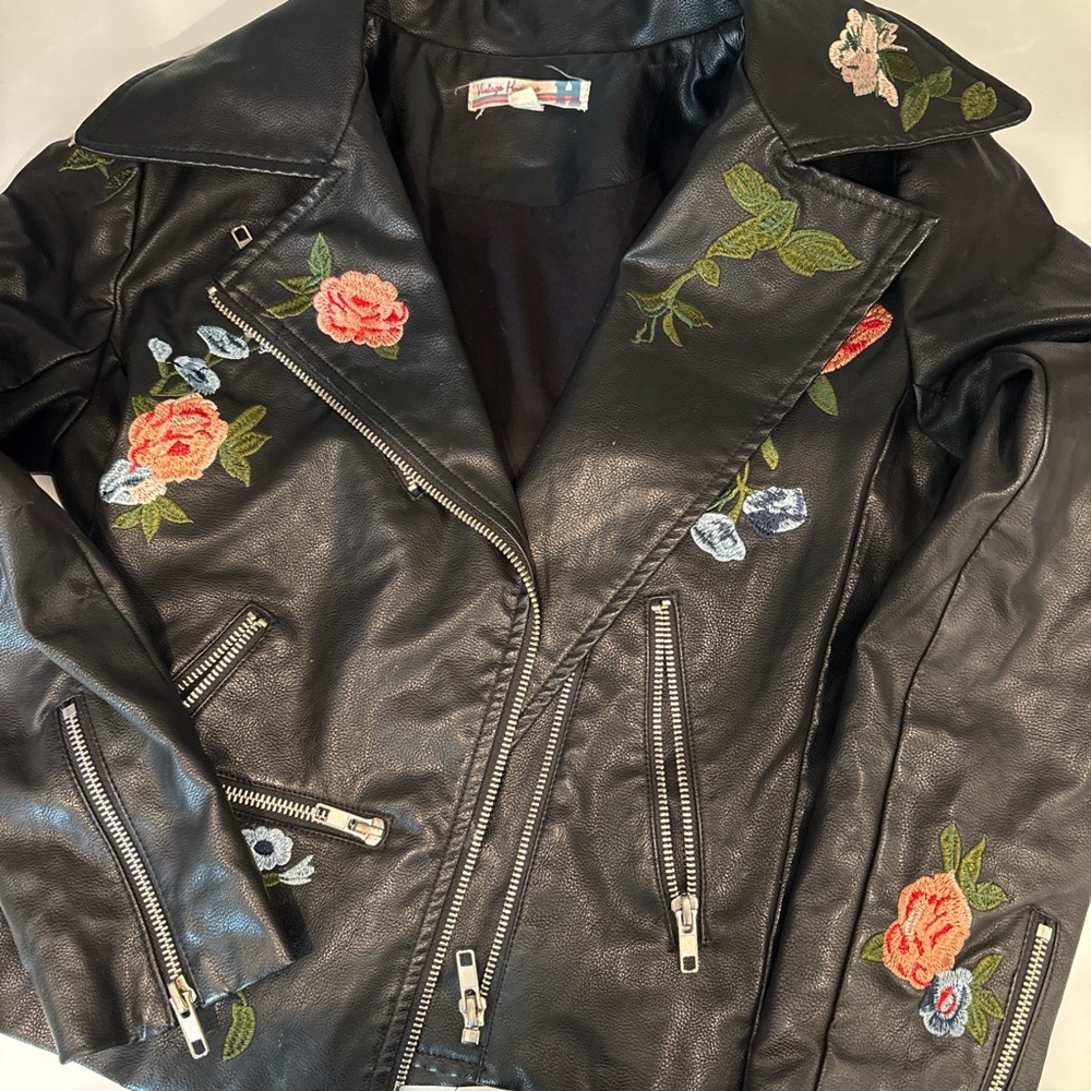 Vintage Havana Black and Red Leather Jacket with Floral Embroidery